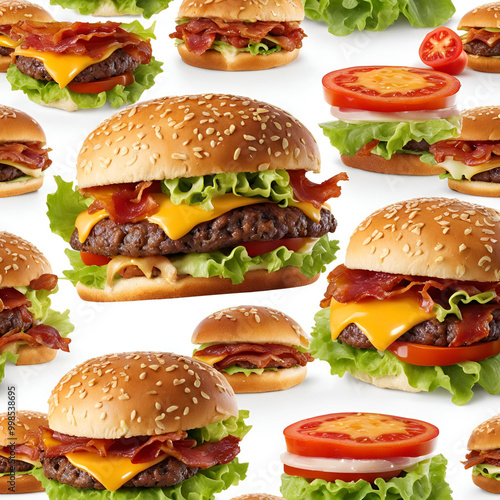 A seamless pattern of delicious bacon cheeseburgers with lettuce, tomato, and sesame seed buns, isolated on a white background. Perfect for food-related designs, menus, and advertisements.