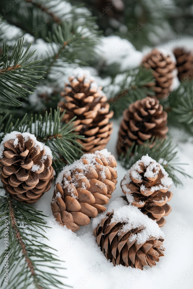 Snow-Frosted Pinecones Resting on Winter Greenery Snow-Frosted Pinecones Resting on Winter Greenery