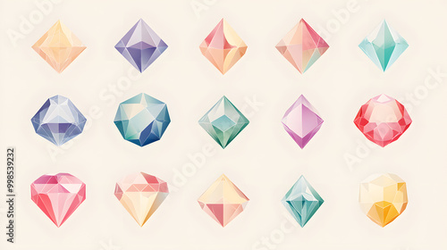 Minimal pastel diamond set of icons with rounded edges and soft colors isolated on a plain background