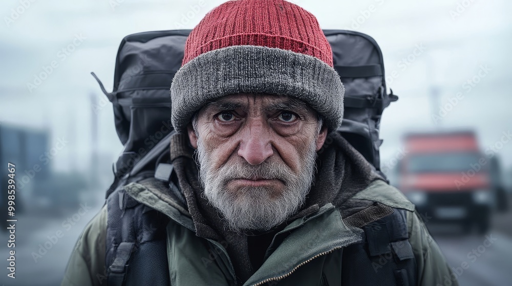 Elderly Man with Backpack in Urban Environment Elderly Man with Backpack in Urban Environment