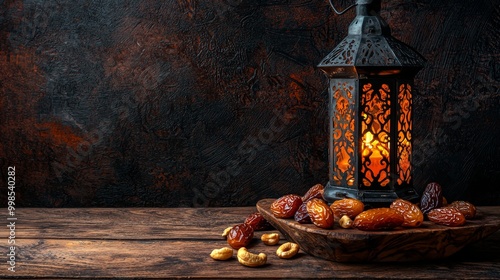 In this photo, you can see dates, an arabic lantern, and a rosary. It is a concept of Islamic holidays. Ramadan is decorated. photo