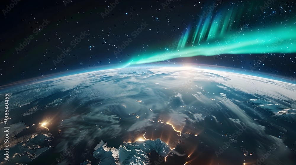 Stunning Panoramic View of Planet Earth with Vibrant Auroras from Space Stunning Panoramic View of Planet Earth with Vibrant Auroras from Space