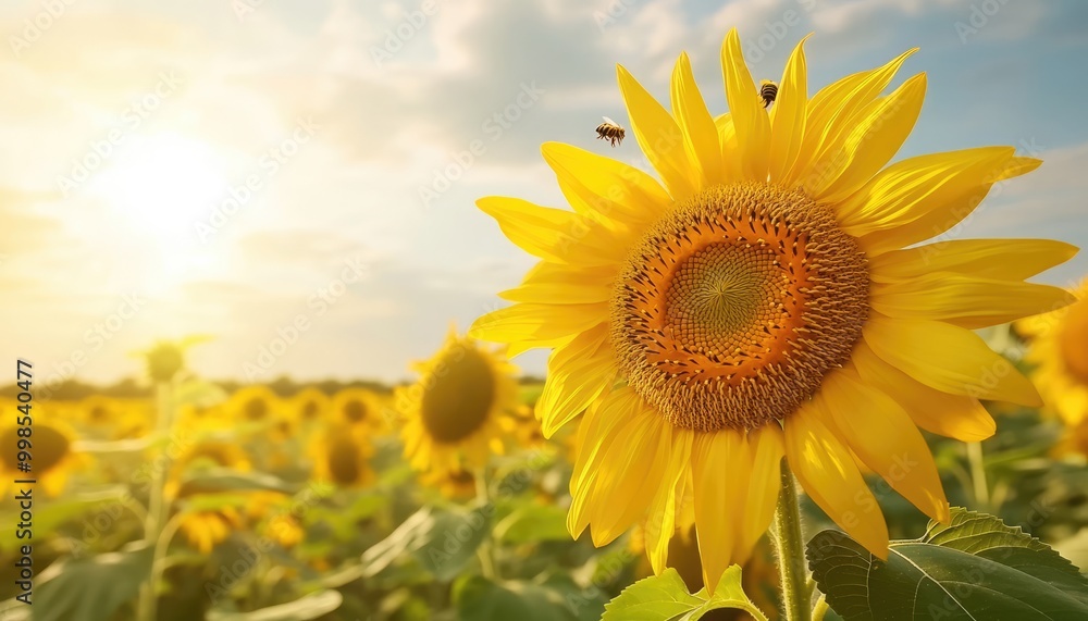 Sunflower Field with Bees in Bright Sunlight Sunflower Field with Bees in Bright Sunlight