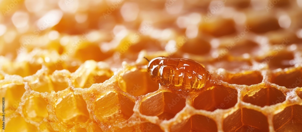 Close-up of a honeybee larva in a honeycomb cell, surrounded by golden honey. Close-up of a honeybee larva in a honeycomb cell, surrounded by golden honey.