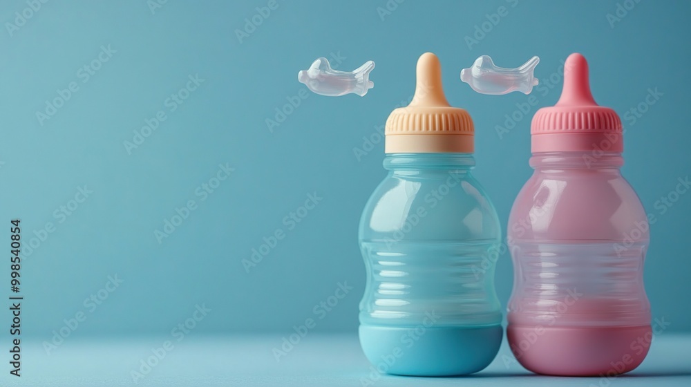 Two Baby Bottles with Nipples Floating Two Baby Bottles with Nipples Floating