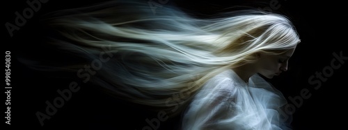 A close-up of the dancing blonde girl in white flowing fabric, her hair and swirling around like an elegant ballet on a black background