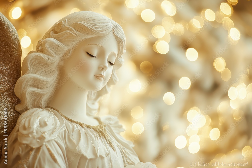 Praying Angel Figurine with Festive Lights and Snowy Branches Praying Angel Figurine with Festive Lights and Snowy Branches