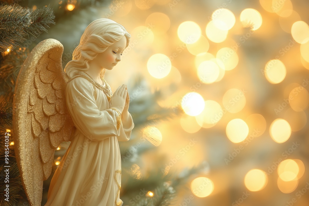 Serene Angel Ornament Near Christmas Tree with Warm Lights Serene Angel Ornament Near Christmas Tree with Warm Lights