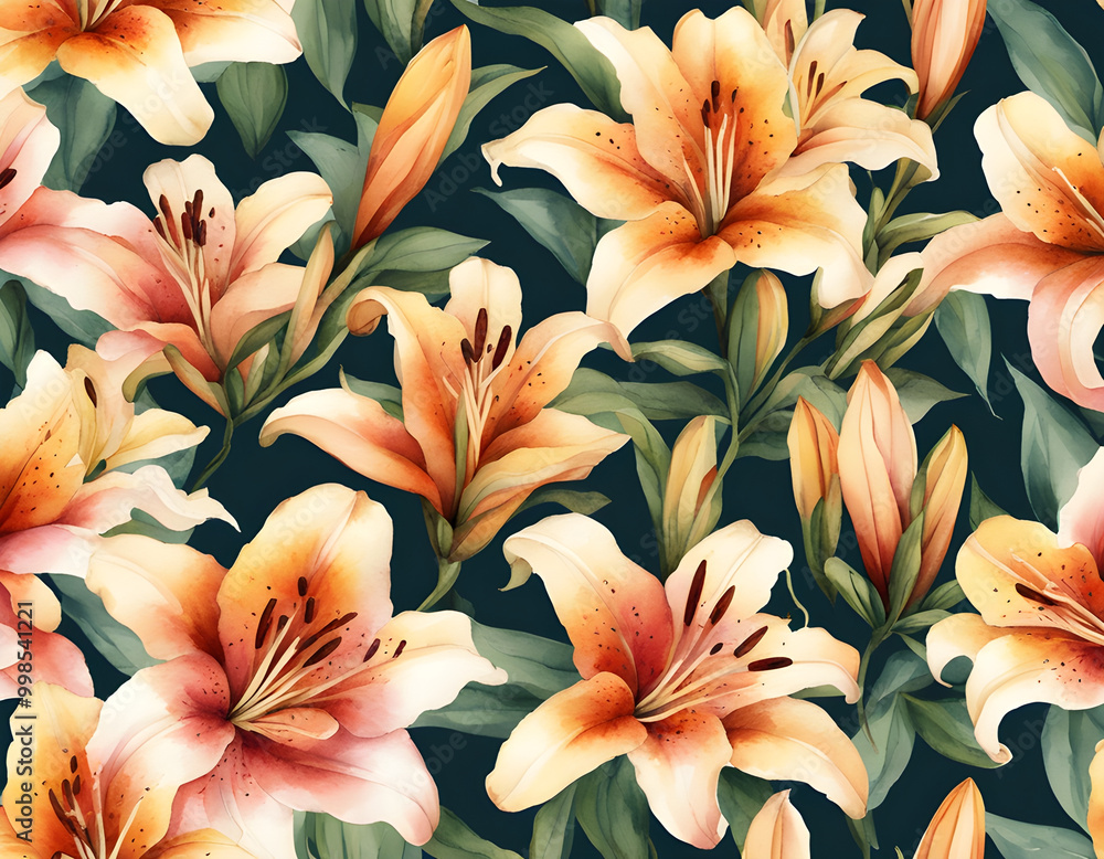 Watercolor seamless lily flowers background Watercolor seamless lily flowers background