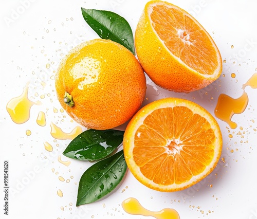 Cut out fresh oranges with juice splashing from the leaves