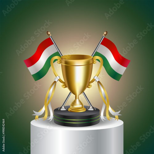 Gold trophy with Hungary country flag and cup with and without cover on gradation color background. Rewards for successful sports