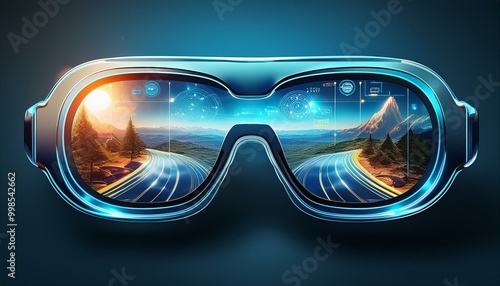 Futuristic goggles reflect a vibrant landscape, showcasing a serene road through mountains under a starry sky, symbolizing adventure and exploration.