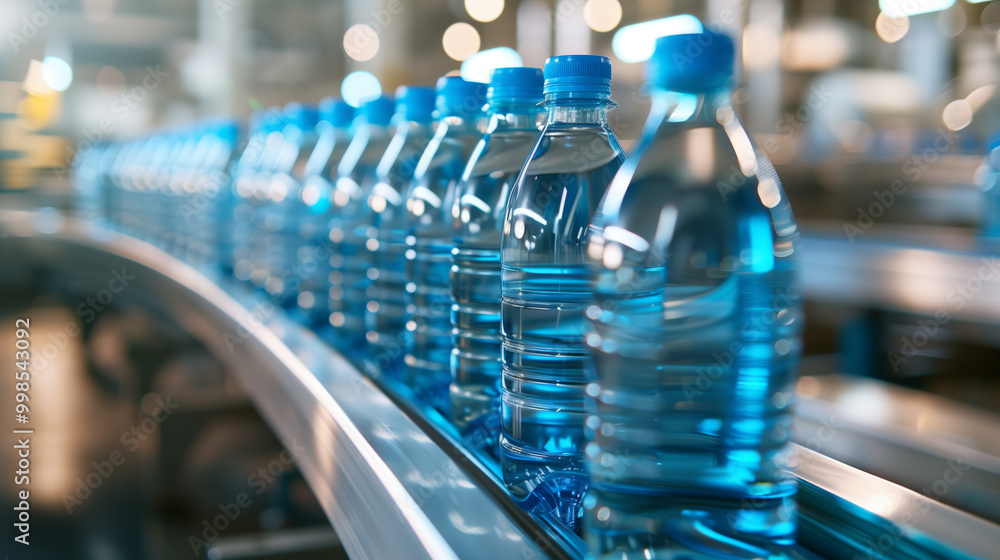 Bottled water production line with plastic bottles on a conveyor belt. Wide-angle, close-up shot with blue tones, high resolution, and depth of field