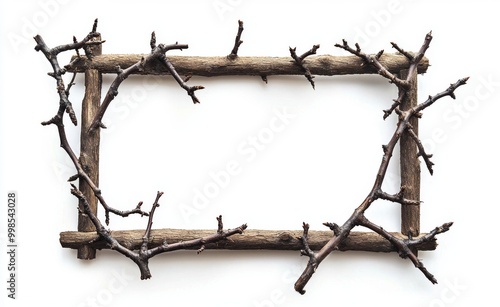 This rustic wooden frame is made from intertwined branches, handcut photo