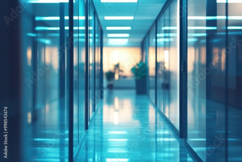 Modern Office Corridor: A cool, minimalist hallway bathed in soft, blue light. The sleek, glass walls and gleaming floor create a sense of calm and professionalism.