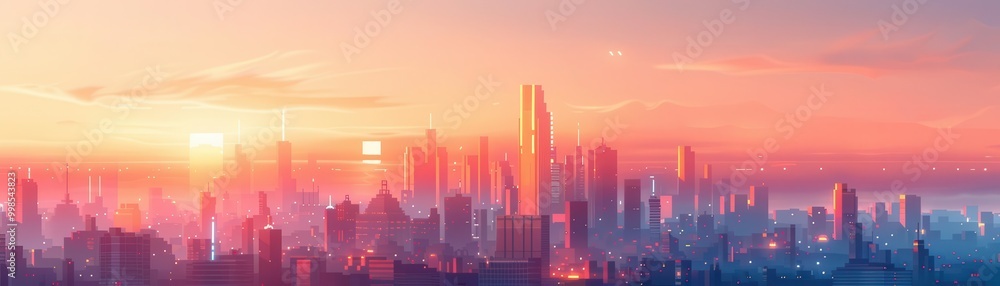 Sunrise over a modern cityscape with tall skyscrapers. Sunrise over a modern cityscape with tall skyscrapers.