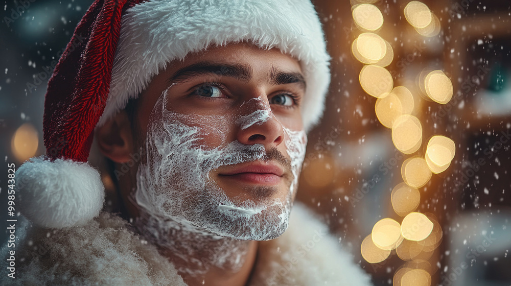 A young man wearing a Santa hat smiles as he playfully applies festive foam to his face amidst a cozy, decorated setting on a snowy day A young man wearing a Santa hat smiles as he playfully applies festive foam to his face amidst a cozy, decorated setting on a snowy day