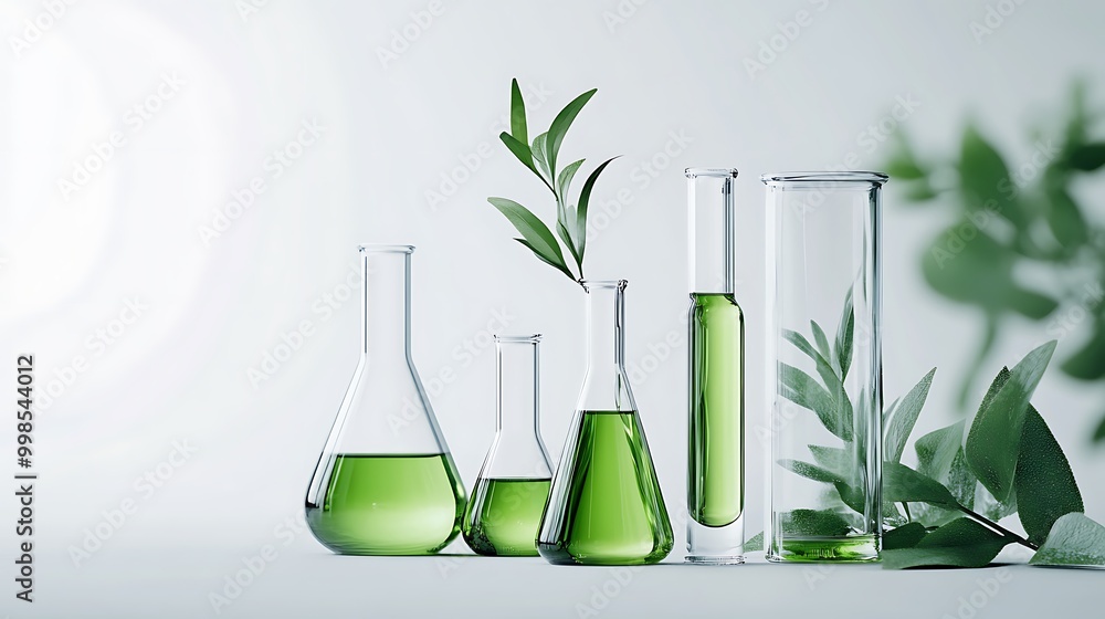 Laboratory glassware filled with green liquid arranged on white background. Blank space for organic beauty product advertising Laboratory glassware filled with green liquid arranged on white background. Blank space for organic beauty product advertising