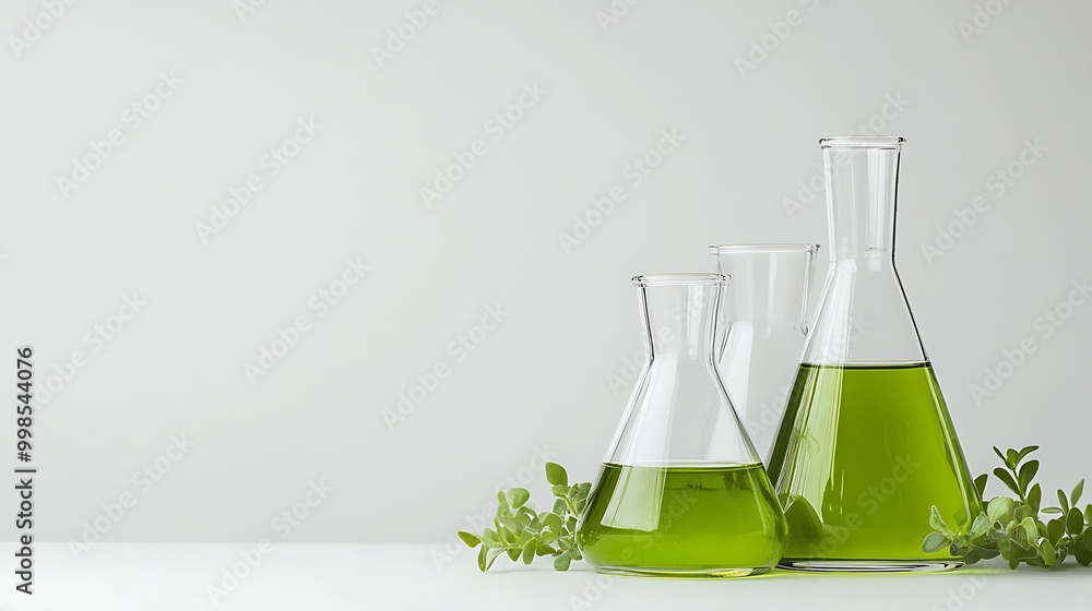 Laboratory glassware filled with green liquid arranged on white background. Blank space for organic beauty product advertising Laboratory glassware filled with green liquid arranged on white background. Blank space for organic beauty product advertising