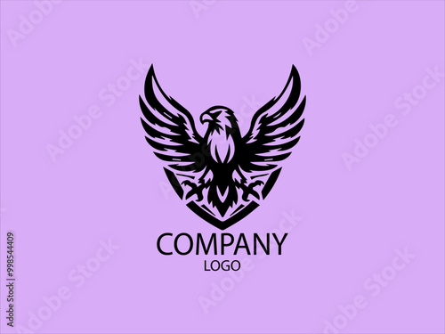 Eagle themed vector logo, badge, emblem. Flying bird, hunter, predator, dangerous animal, shield, lettering. Mascot black vector logo Pink background design photo