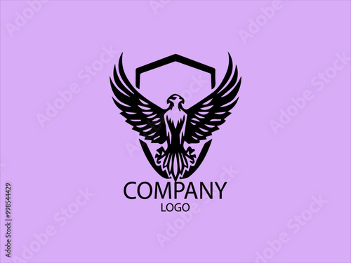 Eagle themed vector logo, badge, emblem. Flying bird, hunter, predator, dangerous animal, shield, lettering. Mascot black vector logo Pink background design photo