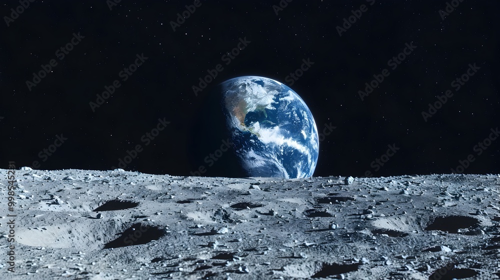 Majestic View of Earth from Lunar Surface with Rugged Landscape in ...