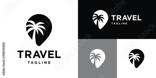 Vector design template of map pin logo combination with palm tree. Location, travel, journey. Icon symbol EPS 10.