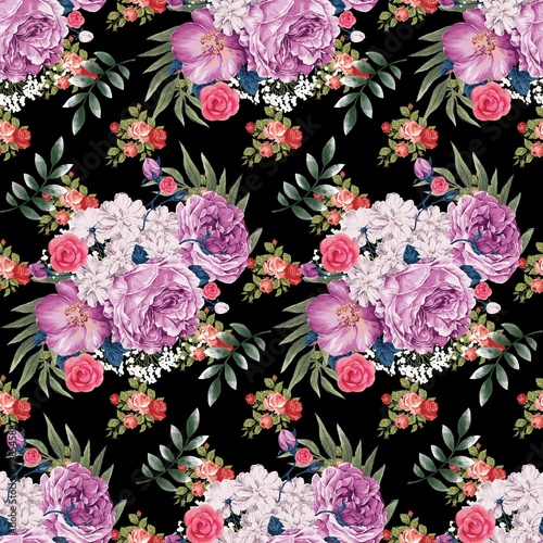 Seamless pattern of purple, pink, white roses and decorative leaves around. on a black background