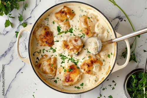 A large pot of creamy chicken with a spoon, surrounded by white cream sauce and fresh herbs on the side, placed against a marble background.