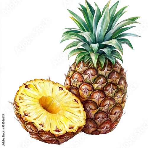 Watercolor illustration of a whole pineapple and a slice photo