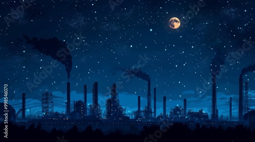 An industrial factory background depicts a blue oil refinery complex with pipes and gas production rigs, which represents the landscape of heavy industry. photo