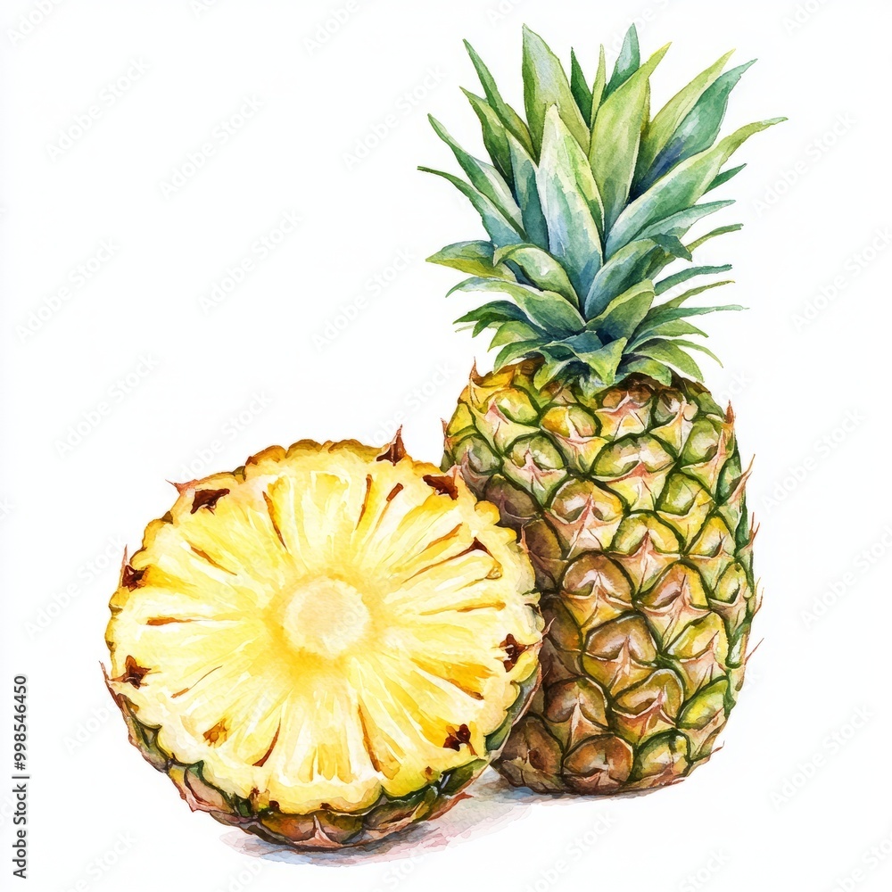 Watercolor Illustration of a Whole and Sliced Pineapple Watercolor Illustration of a Whole and Sliced Pineapple