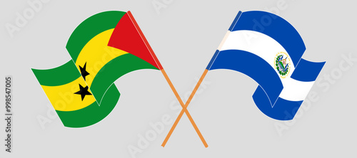 Crossed and waving flags of Sao Tome and Principe and Republic of El Salvador. Vector illustration