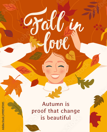 Hello Autumn illustration with cute woman enjoys autumn season and feels positive emotions from nature. Vector flat design for greeting card, poster, flyer, web and other use