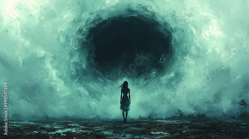 Girl person standing in front of a big hole, chaos in front of her, black hole. Conceptual art of fear, depression, anxiety, uncertainty and worry. Oil illustration of searching, experiencing and self