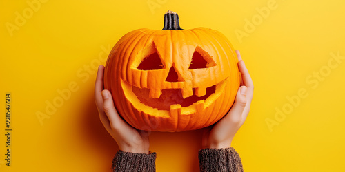 Plakat w ramie Halloween. Mani che tengono una zucca di Halloween. Jack-o'-lantern. Spazio per messaggio.