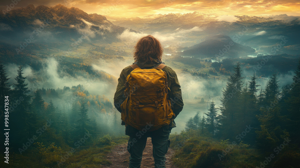 Obraz premium Standing on a hillside, a traveler gazes at a breathtaking sunset over a mist-filled valley and towering mountains, enveloped by dense trees