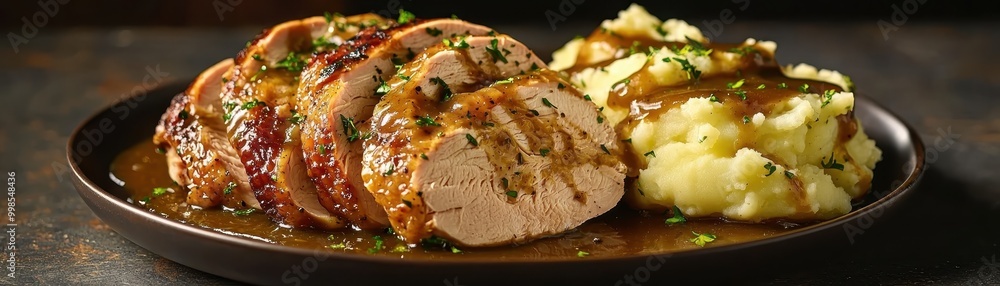 Fototapeta premium Savory roasted meat served on a plate with creamy mashed potato and rich gravy, perfect for a hearty meal.