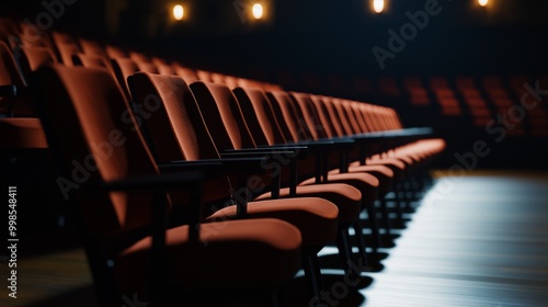 Empty theater with rows of orange seats illuminated by soft lighting before a performance begins at dusk. photo