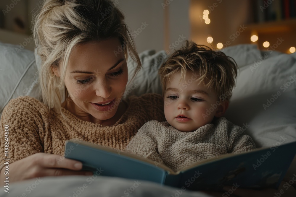 A mother reads a bedtime story to her young child, creating a magical moment of intimacy and joy, in a peaceful, softly-lit bedroom setting with warm feelings of care. A mother reads a bedtime story to her young child, creating a magical moment of intimacy and joy, in a peaceful, softly-lit bedroom setting with warm feelings of care.