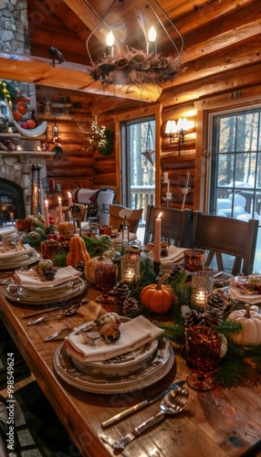 Rustic Canadian Thanksgiving Dinner in Cozy Log Cabin with Traditional Autumn Decorations