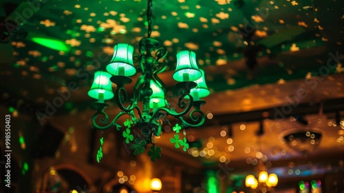 A green chandelier with a shamrock design hangs from the ceiling photo