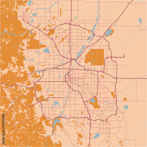 Map of Denver in Colorado in a sandy theme. Contains layered vector with roads water, parks, etc.