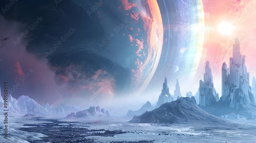 Naklejka premium Dazzling Crystalline Planet in Cosmic Radiance