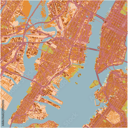 Map of Jersey City in New Jersey in a sandy theme. Contains layered vector with roads water, parks, etc.