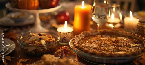 Thanksgiving Dessert Table with Pumpkin Pie, Apple Crumble, and Spiced Cookies with Autumn Decor