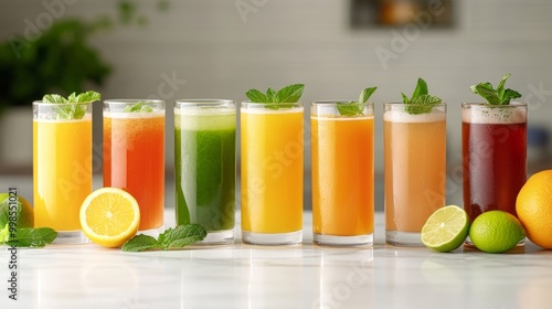 With lime and mint garnishes, four colorful glasses of juice are served