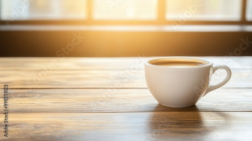 Warm Coffee Moment, A cozy coffee cup resting on a rustic wooden table, gentle sunlight illuminating the scene, inviting space for text, evoking comfort and relaxation.