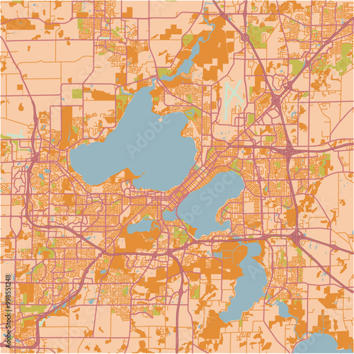 Map of Madison in Wisconsin in a sandy theme. Contains layered vector with roads water, parks, etc.