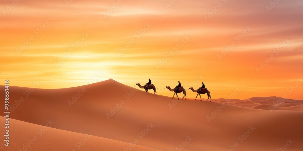 cameleers with camel on sand dunes of desert with bright sun on sky background cameleers with camel on sand dunes of desert with bright sun on sky background